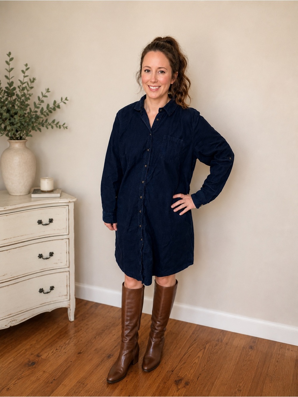 Lands’ End Women’s Navy Corduroy Shirt Dress Size L Long Sleeve Button Front